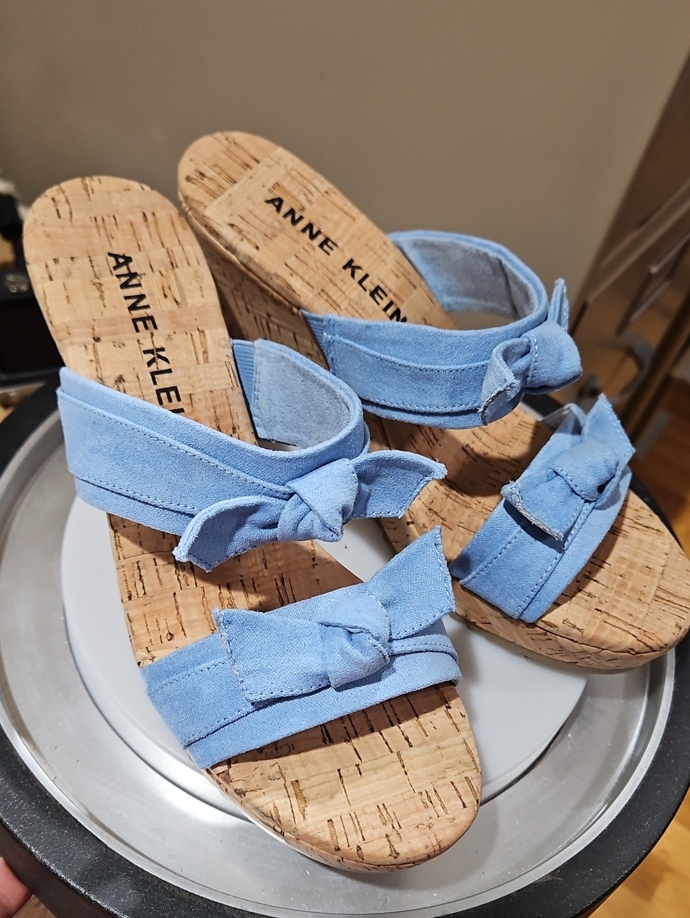 Anne Klein Light Blue Knot-Strap Cork Wedge Sandals
